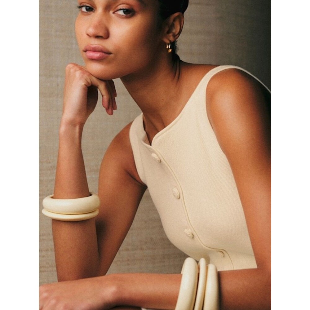 NWOT Sezane Classic Cream Button-Front Sleeveless Knit Cotton CHARLIE Dress - Picture 2 of 11